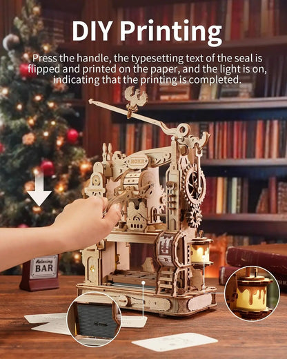 3D Wooden Puzzle Classic Printing Press Mechanical Gears for Adults